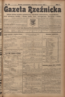 Gazeta Rzeźnicka : pierwsze i jedyne pismo polskie poświęcone zawodowi rzeźnickiemu oraz sprawom handlu i chowu bydła, nierogacizny, dziczyzny i drobiu / [red. Teodor Bobowski]. R. 1, Nr 59 (22 czerwca 1914)