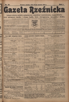Gazeta Rzeźnicka : pierwsze i jedyne pismo polskie poświęcone zawodowi rzeźnickiemu oraz sprawom handlu i chowu bydła, nierogacizny, dziczyzny i drobiu / [red. Teodor Bobowski]. R. 1, Nr 61 (27 czerwca 1914)