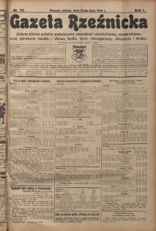 Gazeta Rzeźnicka : pierwsze i jedyne pismo polskie poświęcone zawodowi rzeźnickiemu oraz sprawom handlu i chowu bydła, nierogacizny, dziczyzny i drobiu / [red. Teodor Bobowski]. R. 1, Nr 72 (25 lipca 1914)