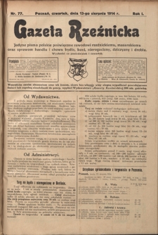Gazeta Rzeźnicka : pierwsze i jedyne pismo polskie poświęcone zawodowi rzeźnickiemu oraz sprawom handlu i chowu bydła, nierogacizny, dziczyzny i drobiu / [red. Teodor Bobowski]. Gazeta Rzeźnicka R. 1, Nr 77 (13 sierpnia 1914)