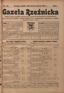 Gazeta Rzeźnicka : pierwsze i jedyne pismo polskie poświęcone zawodowi rzeźnickiemu oraz sprawom handlu i chowu bydła, nierogacizny, dziczyzny i drobiu / [red. Teodor Bobowski]. R. 1, Nr 79 (22 sierpnia 1914)