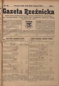 Gazeta Rzeźnicka : pierwsze i jedyne pismo polskie poświęcone zawodowi rzeźnickiemu oraz sprawom handlu i chowu bydła, nierogacizny, dziczyzny i drobiu / [red. Teodor Bobowski]. R. 1, Nr 80 (26 sierpnia 1914)