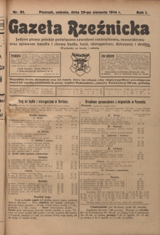 Gazeta Rzeźnicka : pierwsze i jedyne pismo polskie poświęcone zawodowi rzeźnickiemu oraz sprawom handlu i chowu bydła, nierogacizny, dziczyzny i drobiu / [red. Teodor Bobowski]. R. 1, Nr 81 (29 sierpnia 1914)