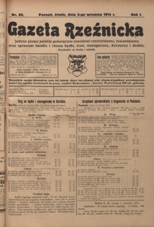 Gazeta Rzeźnicka : pierwsze i jedyne pismo polskie poświęcone zawodowi rzeźnickiemu oraz sprawom handlu i chowu bydła, nierogacizny, dziczyzny i drobiu / [red. Teodor Bobowski]. R. 1, Nr 82 (2 września 1914)