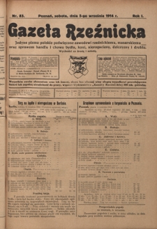 Gazeta Rzeźnicka : pierwsze i jedyne pismo polskie poświęcone zawodowi rzeźnickiemu oraz sprawom handlu i chowu bydła, nierogacizny, dziczyzny i drobiu / [red. Teodor Bobowski]. R. 1, Nr 83 (5 września 1914)