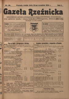 Gazeta Rzeźnicka : pierwsze i jedyne pismo polskie poświęcone zawodowi rzeźnickiemu oraz sprawom handlu i chowu bydła, nierogacizny, dziczyzny i drobiu / [red. Teodor Bobowski]. R. 1, Nr 88 (23 września 1914)
