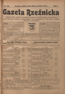 Gazeta Rzeźnicka : pierwsze i jedyne pismo polskie poświęcone zawodowi rzeźnickiemu oraz sprawom handlu i chowu bydła, nierogacizny, dziczyzny i drobiu / [red. Teodor Bobowski]. R. 1, Nr 89 (26 września 1914)
