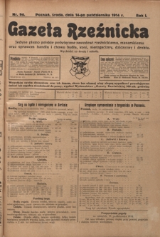 Gazeta Rzeźnicka : pierwsze i jedyne pismo polskie poświęcone zawodowi rzeźnickiemu oraz sprawom handlu i chowu bydła, nierogacizny, dziczyzny i drobiu / [red. Teodor Bobowski]. R. 1, Nr 94 (14 października 1914)