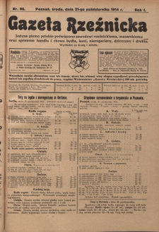 Gazeta Rzeźnicka : pierwsze i jedyne pismo polskie poświęcone zawodowi rzeźnickiemu oraz sprawom handlu i chowu bydła, nierogacizny, dziczyzny i drobiu / [red. Teodor Bobowski]. R. 1, Nr 96 (21 października 1914)