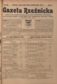 Gazeta Rzeźnicka : pierwsze i jedyne pismo polskie poświęcone zawodowi rzeźnickiemu oraz sprawom handlu i chowu bydła, nierogacizny, dziczyzny i drobiu / [red. Teodor Bobowski]. R. 1, Nr 98 (28 października 1914)