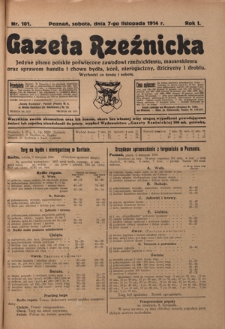 Gazeta Rzeźnicka : pierwsze i jedyne pismo polskie poświęcone zawodowi rzeźnickiemu oraz sprawom handlu i chowu bydła, nierogacizny, dziczyzny i drobiu / [red. Teodor Bobowski]. R. 1, Nr 101 (7 listopada 1914)