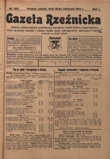 Gazeta Rzeźnicka : pierwsze i jedyne pismo polskie poświęcone zawodowi rzeźnickiemu oraz sprawom handlu i chowu bydła, nierogacizny, dziczyzny i drobiu / [red. Teodor Bobowski]. R. 1, Nr 105 (28 listopada 1914)