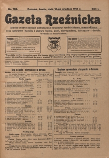 Gazeta Rzeźnicka : pierwsze i jedyne pismo polskie poświęcone zawodowi rzeźnickiemu oraz sprawom handlu i chowu bydła, nierogacizny, dziczyzny i drobiu / [red. Teodor Bobowski]. R. 1, Nr 108 (16 grudnia 1914)