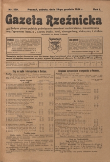Gazeta Rzeźnicka : pierwsze i jedyne pismo polskie poświęcone zawodowi rzeźnickiemu oraz sprawom handlu i chowu bydła, nierogacizny, dziczyzny i drobiu / [red. Teodor Bobowski]. R. 1, Nr 109 (19 grudnia 1914)