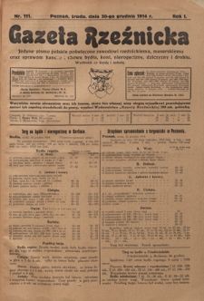 Gazeta Rzeźnicka : pierwsze i jedyne pismo polskie poświęcone zawodowi rzeźnickiemu oraz sprawom handlu i chowu bydła, nierogacizny, dziczyzny i drobiu / [red. Teodor Bobowski]. R. 1, Nr 111 (30 grudnia 1914)