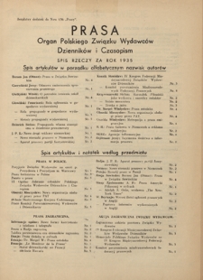 Prasa : organ Polskiego Związku Wydawc&oacute;w Dziennik&oacute;w i Czasopism : czasopismo poświęcone sprawom wydawniczo-prasowym. Spis rzeczy za rok 1935