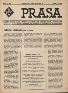 Prasa : organ Polskiego Związku Wydawc&oacute;w Dziennik&oacute;w i Czasopism : czasopismo poświęcone sprawom wydawniczo-prasowym. R. 9, nr 1 (styczeń 1938)