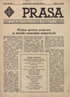 Prasa : organ Polskiego Związku Wydawc&oacute;w Dziennik&oacute;w i Czasopism : czasopismo poświęcone sprawom wydawniczo-prasowym. R. 8, NR 1 (styczeń 1937)