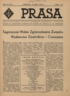 Prasa : organ Polskiego Związku Wydawc&oacute;w Dziennik&oacute;w i Czasopism : czasopismo poświęcone sprawom wydawniczo-prasowym. R. 7, nr 5 (maj 1936)
