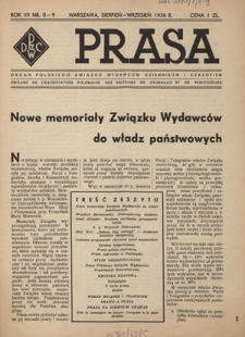 Prasa : organ Polskiego Związku Wydawc&oacute;w Dziennik&oacute;w i Czasopism : czasopismo poświęcone sprawom wydawniczo-prasowym. R. 7, nr 8-9 (sierpień-wrzesień 1936)