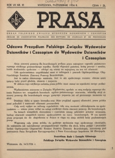 Prasa : organ Polskiego Związku Wydawc&oacute;w Dziennik&oacute;w i Czasopism : czasopismo poświęcone sprawom wydawniczo-prasowym. R. 7, nr 10 (październik 1936)