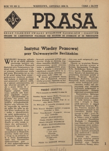 Prasa : organ Polskiego Związku Wydawc&oacute;w Dziennik&oacute;w i Czasopism : czasopismo poświęcone sprawom wydawniczo-prasowym. R. 7, nr 11 (listopad 1936)