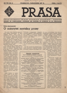 Prasa : organ Polskiego Związku Wydawc&oacute;w Dziennik&oacute;w i Czasopism : czasopismo poświęcone sprawom wydawniczo-prasowym. R. 8, nr 10 (październik 1937)