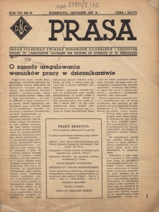 Prasa : organ Polskiego Związku Wydawc&oacute;w Dziennik&oacute;w i Czasopism : czasopismo poświęcone sprawom wydawniczo-prasowym. R. 8, nr 12 (grudzień 1937)