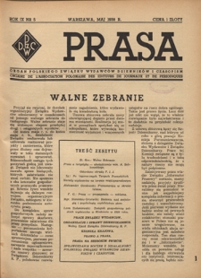 Prasa : organ Polskiego Związku Wydawc&oacute;w Dziennik&oacute;w i Czasopism : czasopismo poświęcone sprawom wydawniczo-prasowym. R. 9, nr 5 (maj 1938)
