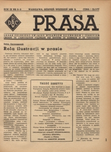 Prasa : organ Polskiego Związku Wydawc&oacute;w Dziennik&oacute;w i Czasopism : czasopismo poświęcone sprawom wydawniczo-prasowym. R. 9, nr 8-9 (sierpień-wrzesień 1938)