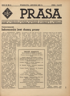 Prasa : organ Polskiego Związku Wydawc&oacute;w Dziennik&oacute;w i Czasopism : czasopismo poświęcone sprawom wydawniczo-prasowym. R. 9, nr 11 (listopad 1938)