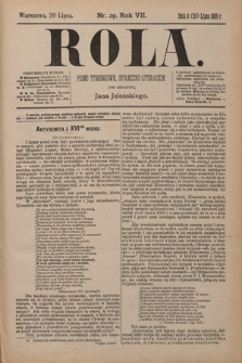 Rola : pismo tygodniowe, społeczno-literackie / pod red. Jana Jeleńskiego R. 7, Nr 29 (8/20 lipca 1889)