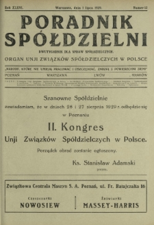 Poradnik Spółdzielni : dwutygodnik dla spraw spółdzielczych organ Unji Związków Spółdzielczych w Polsce. R. 36, nr 13 (1 lipca 1929)