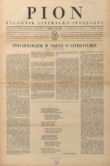 Pion : tygodnik literacko-społeczny R. 4, Nr 32=149 (8 sierpnia 1936)