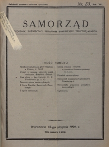 Samorząd : tygodnik poświęcony sprawom samorządu terytorialnego. R. 8, nr 33 (15 sierpnia 1926)