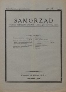 Samorząd : tygodnik poświęcony sprawom samorządu terytorialnego. R. 9, nr 38 (18 września 1927)