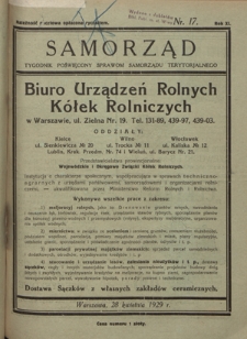 Samorząd : tygodnik poświęcony sprawom samorządu terytorialnego. R. 11, nr 17 (28 kwietnia 1929)