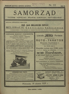 Samorząd : tygodnik poświęcony sprawom samorządu terytorialnego. R. 11, nr 34 (25 sierpnia 1929)