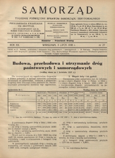 Samorząd : tygodnik poświęcony sprawom samorządu terytorialnego. R. 20, nr 27 (3 lipca 1938)