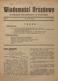 Wiadomości Urzędowe Zarządu Miejskiego w Równem. R. 1, nr 2 (27 luty 1936)