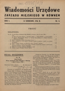 Wiadomości Urzędowe Zarządu Miejskiego w R&oacute;wnem. R. 1, nr 4 (15 kwietnia 1936)