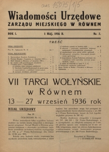 Wiadomości Urzędowe Zarządu Miejskiego w R&oacute;wnem. R. 1, nr 5 (1 maj 1936)