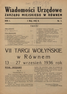 Wiadomości Urzędowe Zarządu Miejskiego w Równem. R. 1, nr 5 (1 maj 1936)