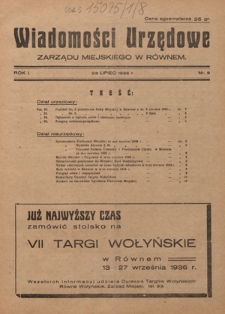 Wiadomości Urzędowe Zarządu Miejskiego w R&oacute;wnem. R. 1, nr 8 (23 lipiec 1936)