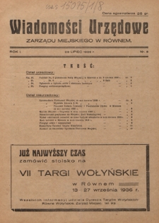 Wiadomości Urzędowe Zarządu Miejskiego w Równem. R. 1, nr 8 (23 lipiec 1936)