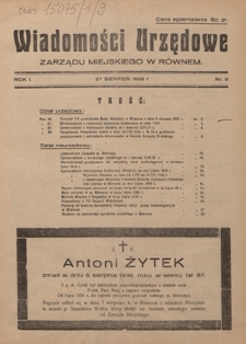 Wiadomości Urzędowe Zarządu Miejskiego w R&oacute;wnem. R. 1, nr 9 (27 sierpień 1936)
