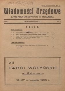 Wiadomości Urzędowe Zarządu Miejskiego w Równem. R. 1, nr 11 (19 września 1936)