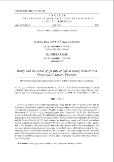 Worry and the sense of quality of life in young women with generalised anxiety disorder