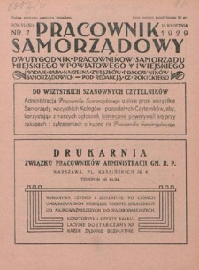 Pracownik Samorządowy : dwutygodnik pracownik&oacute;w samorządu miejskiego, powiatowego i wiejskiego. R. 6=11, nr 7 (15 kwietnia 1929)