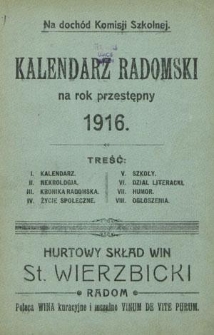 Kalendarz Radomski na Rok Przestępny 1916 : na dochód Komisji Szkolnej